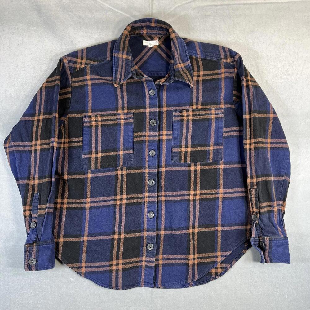 Good American Plaid Flannel Over Shirt Womens 1 Blue Orange Oversized Thick